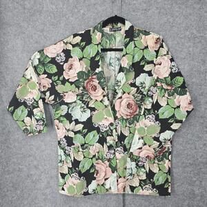 VTG Jinny Jin Cardigan Jacket Women Medium Green Black Pink Floral Raglan Sleeve